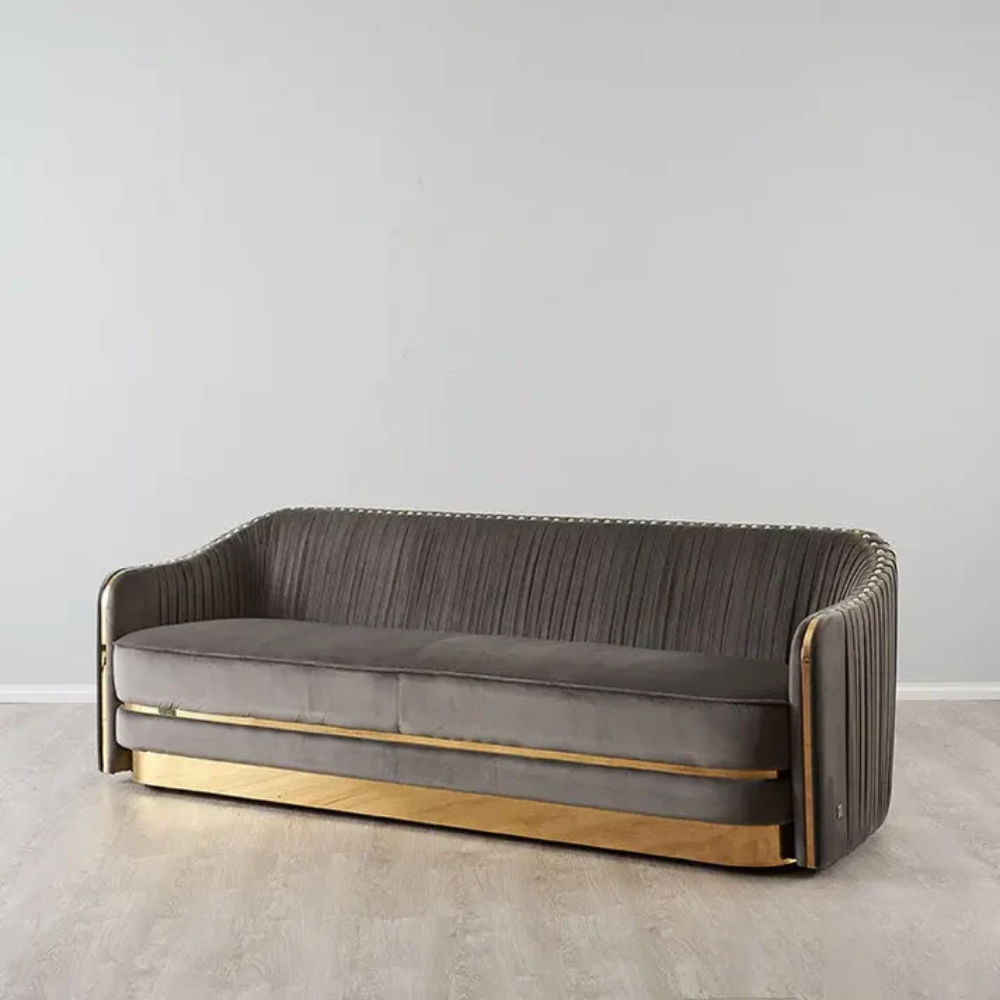 Luxurious Grey Velvet Sofa with Gold Accents